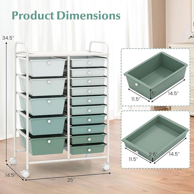 LDAILY 15 Drawer Rolling Storage Cart, Rolling Cart with Drawers for Classroom, Art Supply Craft Organizer on Wheel with Metal Frame & Handles for Home Office School (Gradient Green, 15 Drawer)