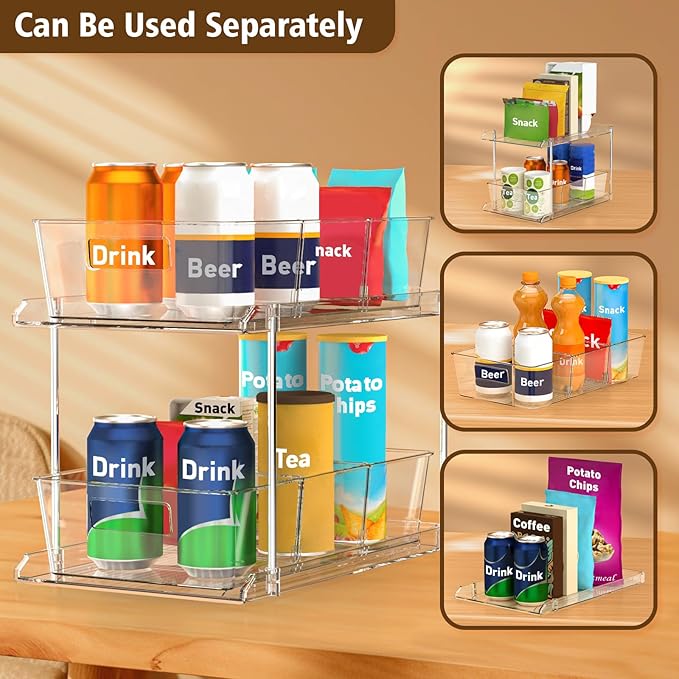 Fabspace Pull-Out Home Organizers, 2 Tier Clear Bathroom Organizer with Dividers, Multipurpose Vanity Counter Tray, Kitchen, Closet Organizers and Storage Container Bins for Cabinet, Pantry