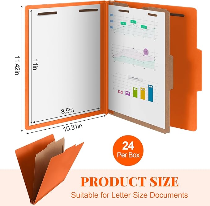Skyygemm 24 Pcs Classification Folders Letter Size, 1 Divider Pressboard File Folder with Fasteners, Expanding File Organizer Bulk for School Teachers, Office Employee, Coworker, Staff (Orange)