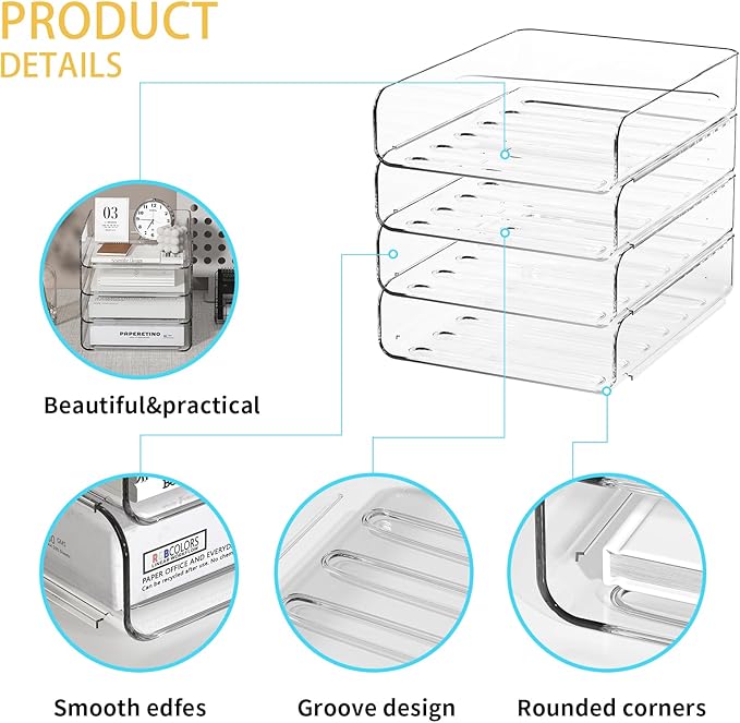 FANXIYQ 4-Tier Acrylic Paper Tray Organizer | Clear Stackable Desk Organizer for Documents, Letters, A4 Paper | Modern Office/Classroom/Home Organization