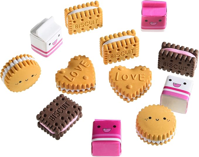 Cookie Erasers for Kids, 12 Pieces 3D Cute Food Puzzle Mini Biscuit Eraser, Cool Fun Take Apart Desk Pet Erasers for Girls