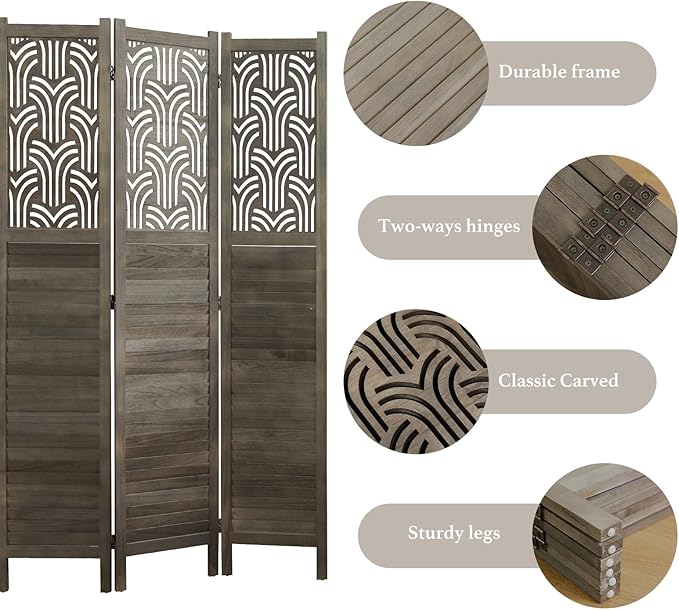 Svimi Folding Room Divider, 66.9 Inch 6 Panels Wood Carved Privacy Screens, Free Assembled Freestanding Portable Separation Wall for Home Office Restaurant Bedroom (Gray)
