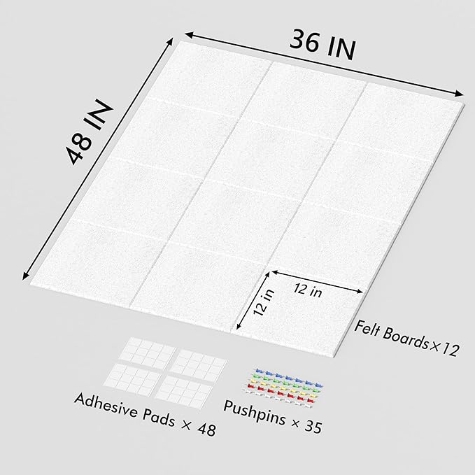 Neatsure Large Cork Board for Wall, 48" x 36" Bulletin Board with Pushpins, 12 Panels Felt Tiles Tack Push Pin Board for Office, Silver Gray