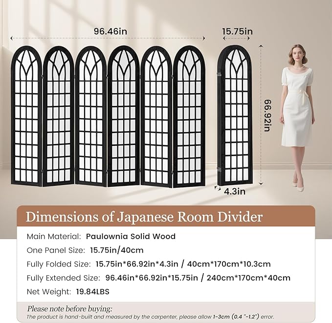 Asnefeli 6 Panel Japanese Room Divider, Shoji Style Partition Divider, Fully Assembled Wooden Privacy Screen for Home Office Bedroom Apartment Decoration, Black