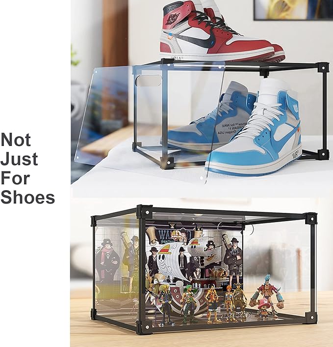KOKOIN Magnetic Side Open Transparent Plastic Storage Shoe Box Clear Shoe Display Case Sneaker Shoe Storage Box Display Box Shoe Container Clear Closet Shelf Shoe Organizer (Black 4PC)