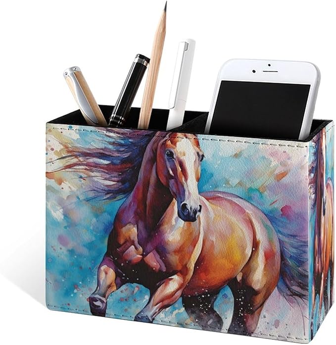 Famame Watercolor Horse Colorful Animal Pencil Holder for Desk, Leather Desktop Container Pen Cup Storage Study Table Pen Organizer Makeup Brushes Holder for Office Home