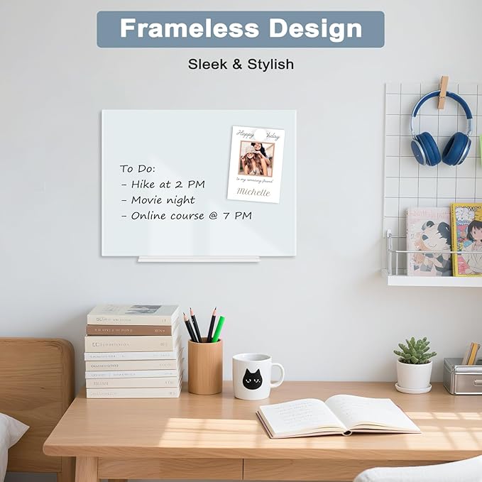 Magnetic Glass Whiteboard for Wall, 16" x 12" Glass Dry Erase Board, Large Frameless White Board for Home and Office - Normal White