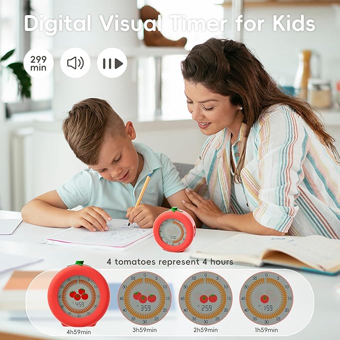 Tomato Visual Timer for Kids, 299-Minute Cute Kids Pomodoro Countdown Timer, ADHD Autism Toddler Support, Visual Timer for Classroom, Kitchen, Office Desk and Meetings