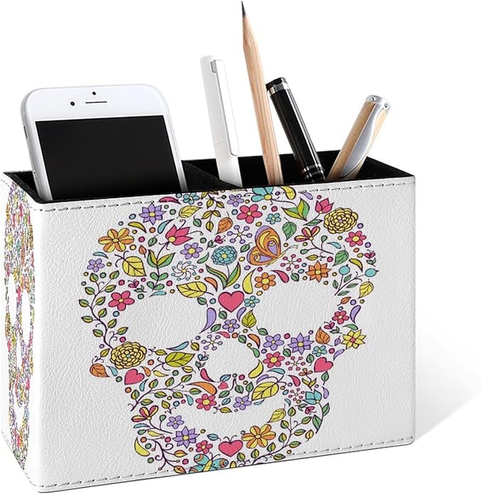 Famame Abstract Floral Leaves Skull Pencil Holder for Desk, Leather Desktop Container Pen Cup Storage Study Table Pen Organizer Makeup Brush Holder for Classroom Office Home