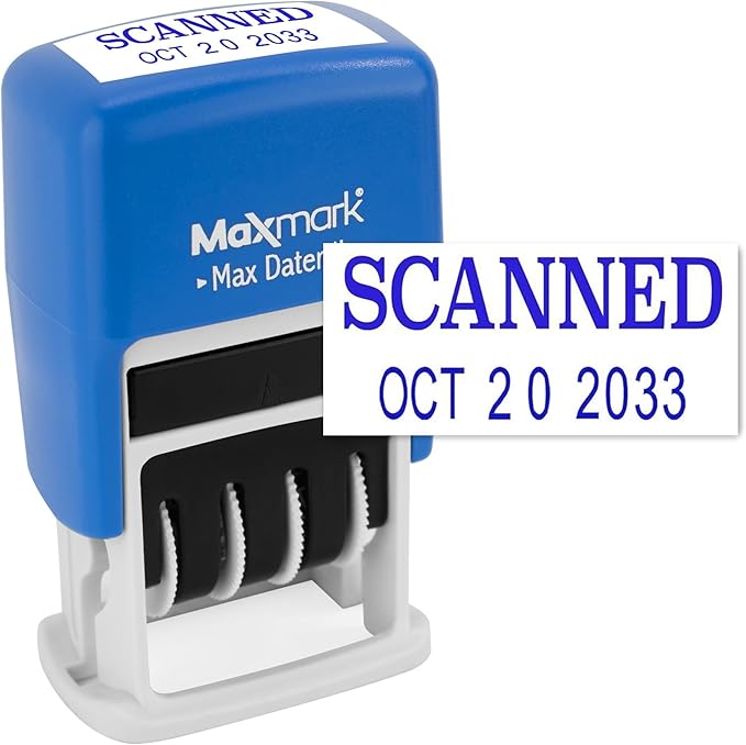 MaxMark Self-Inking Rubber Date Office Stamp with Scanned Phrase & Date - Blue Ink (Max Dater II), 12-Year Band
