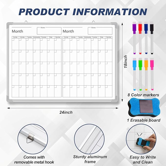 Lincia 36" x 12" Magnetic Horizontal 2 Month Dry Erase Calendar for Wall Undated Horizontal Dry Erase Wall Calendar Planner Aluminum Frame Whiteboard Calendar for Home Office Projects Wall Fridge
