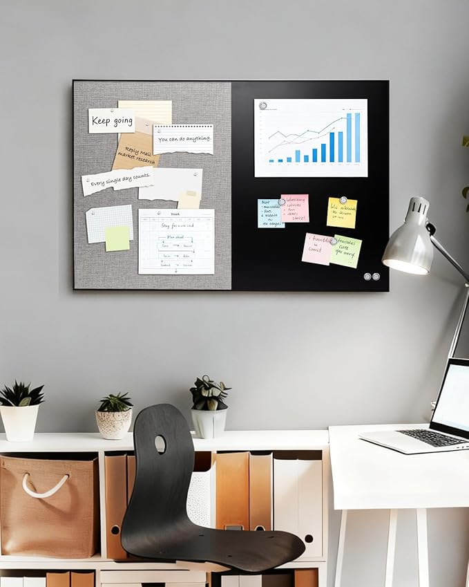 Lightomorrow Bulletin Board 36 x 24 inches, Black Board & Grey Fabric Board Combo, Black Aluminum Framed Linen Vision Board with 10 Push Pins