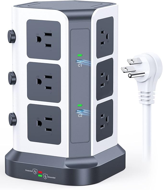 KOOSLA [65W] PD Power Strip Tower Surge Protector, USB C Desktop Charging Station with 12 Widely Spaced AC Outlets / 2 USB-C / 3 USB-A Ports, 6.5ft Heavy-Duty Extension Cord for Home Office Dorm
