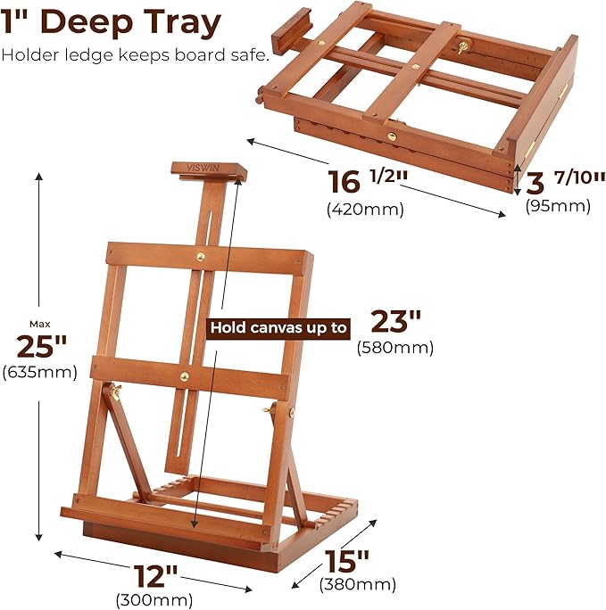 VISWIN Heavy-Duty Table Top Easel for Painting, Adjustable Beech Wood Tabletop Easel, Hold Canvas up to 23”, Portable Art Desktop Easel Stand for Adults, Artists, Beginners – Walnut