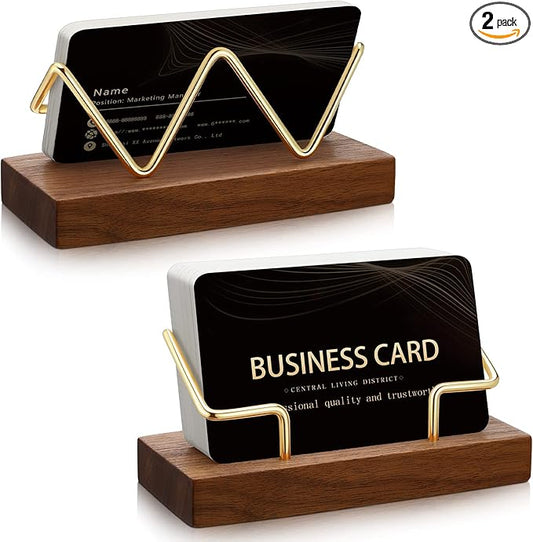 Amyhill 2 Pieces Wood Business Card Holder for Desk Wooden Business Card Display Stand Postcard Holder for Office Home Desktop (Wood Color, Gold)