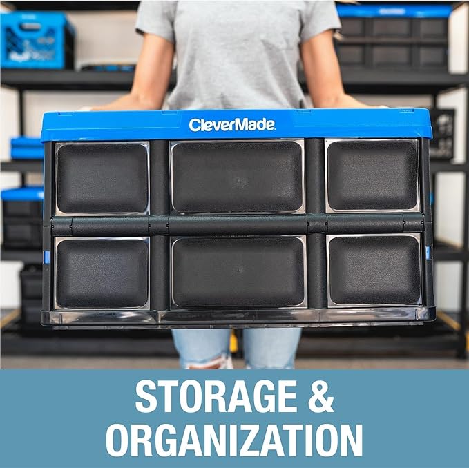 CleverMade Collapsible Storage Bins - Ocean 3 Pack 46L / 12 Gal holds 66 lbs - Stackable Containers Heavy Duty Capacity Crates Space-Saving