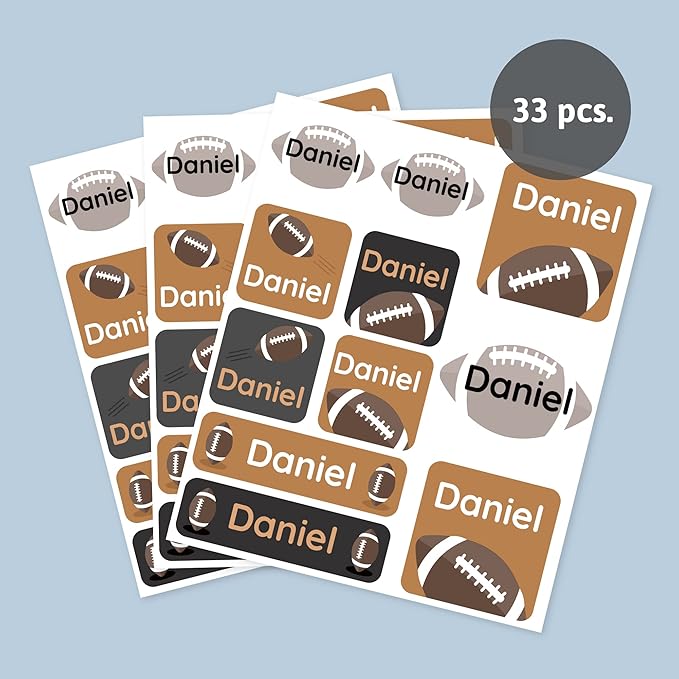 Large Name Labels for Kids (33) - Custom Stickers for Daycare and School Supplies - Durable, Waterproof Stickers for Water Bottles, Lunch Boxes, and More with Unique Designs - Football