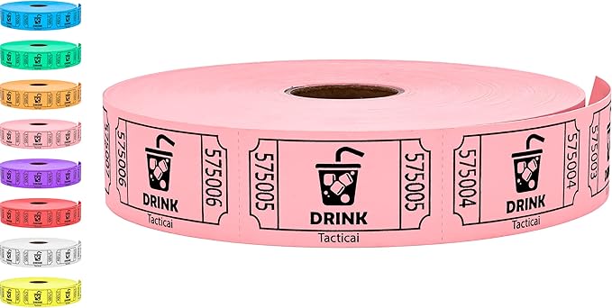 Tacticai 1000 Raffle Tickets, Drink, Pink (1 of 8 Colors), Single Roll for Events, Entry, Class Reward, Fundraiser & Prizes