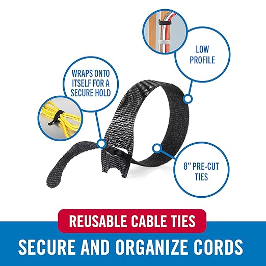 VELCRO Brand 150 Pack Reusable Cable Ties, 8". Valentine Gifts for Tech Lovers. Cord Organizer & Wire Management. Replace Zip Ties, Reduce Waste