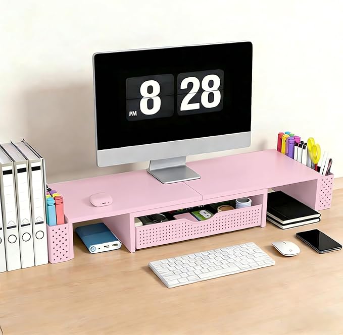 Spacrea Metal Desk Organizers and Accessories, Dual Monitor Stand Riser with Drawer and 2 Pen Holders, Desk Accessories & Workspace Desktop Organizers for Office Supplies (Pink)
