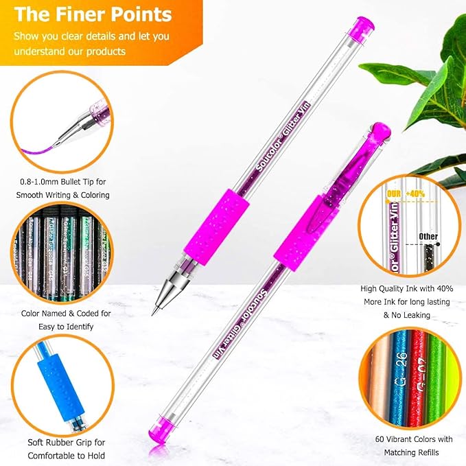 Soucolor Cute Office School Supplies Gifts for Women Teen Girl Birthday, 120 Pack Glitter Gel Pens-60 Glitter Pens, 60 Refills and Travel Case, Japanese Stationary Nurse Cool Gifts for Coworkers