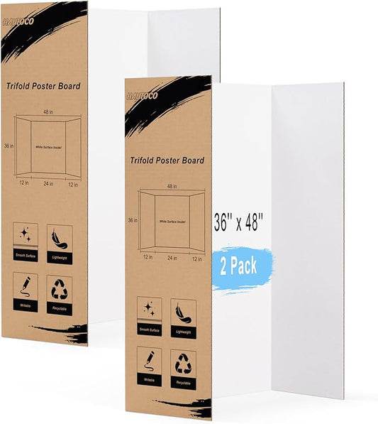 HAUTOCO 36'' x 48'' Trifold Poster Board 2 Pack Large Tri Fold Project Boards White Corrugated Presentation Cardboard for Science Fairs, School Projects, Event Displays, Business