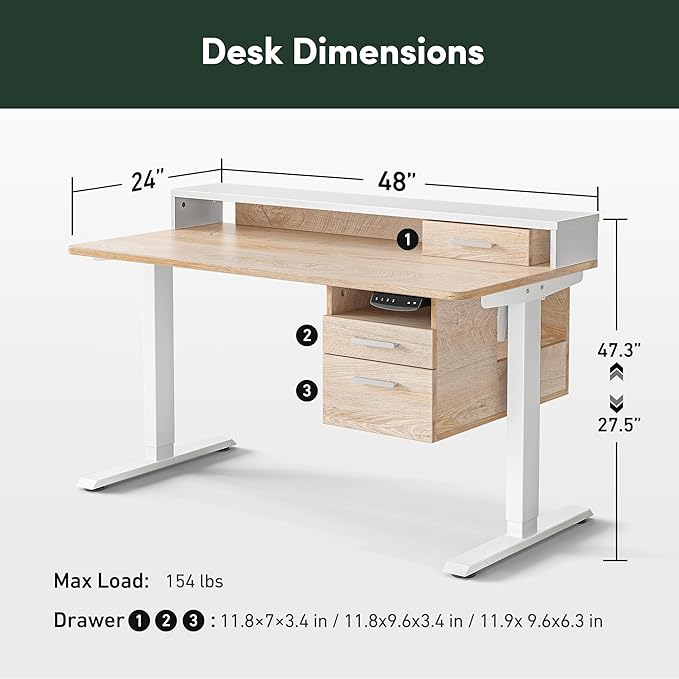 FEZIBO Electric Standing Desk 48 x 24 Inch with Monitor Shelf, 3 Drawers and Open Storage, Home Office Computer Workstation, Maple, 2 Packages