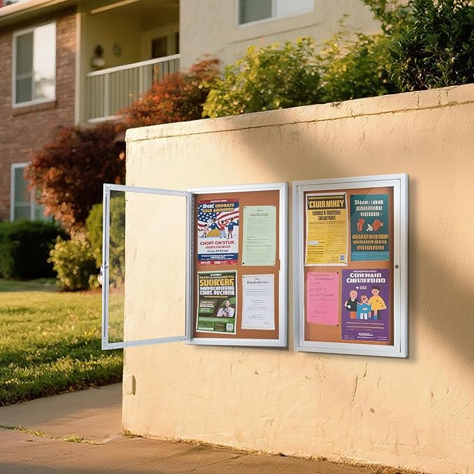 Homezelle Enclosed Cork Bulletin Board 36"x24" Outdoor Weatherproof Cork Noticeboard with Locking Door Wall-Mounted Silver Aluminium Frame for Home, School, Office, Community, Hospital