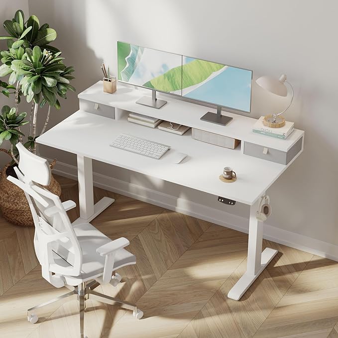 Klicelor 48 Inch Electric Standing Desk with Drawers, Adjustable Height Small Sit Stand Desk for Home Office, Compact Computer Workstation with Storage– White