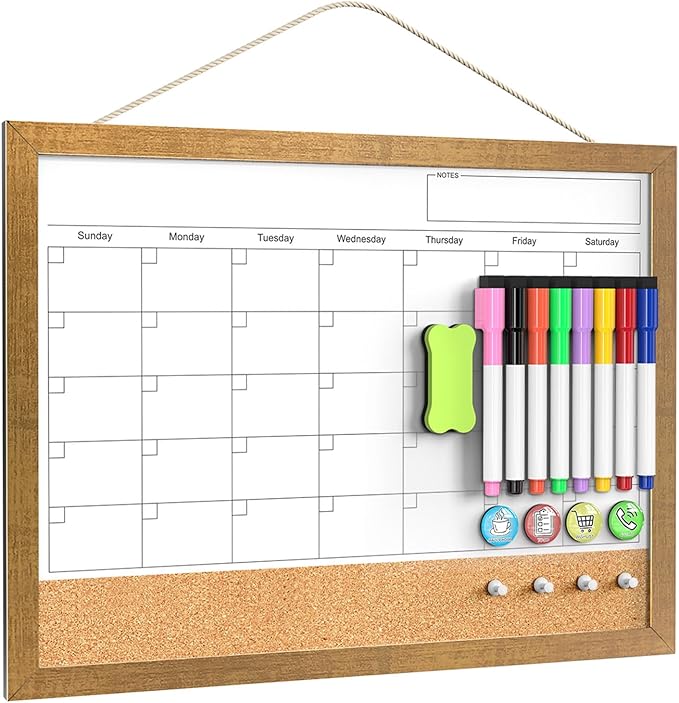 Calendar Whiteboard for Wall, 17x13 Inches White Board Calendar Dry Erase, Small Magnetic Monthly White Board with Gold Wood Frame, Hanging Dry Erase Board for Kitchen Home Office School Planner