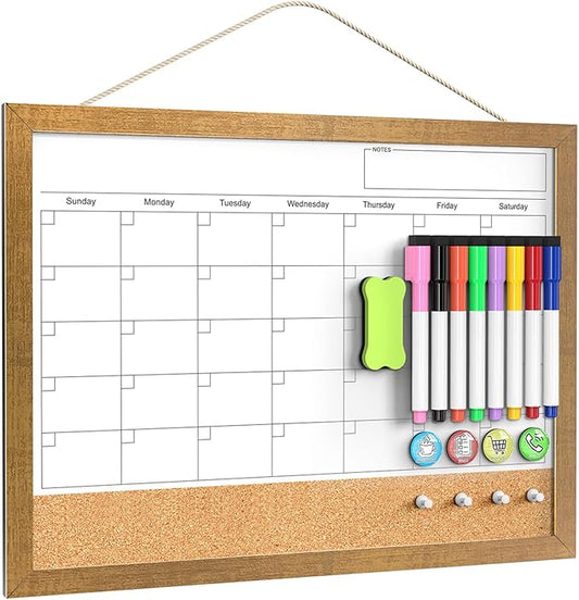 Calendar Whiteboard for Wall, 17x13 Inches White Board Calendar Dry Erase, Small Magnetic Monthly White Board with Gold Wood Frame, Hanging Dry Erase Board for Kitchen Home Office School Planner