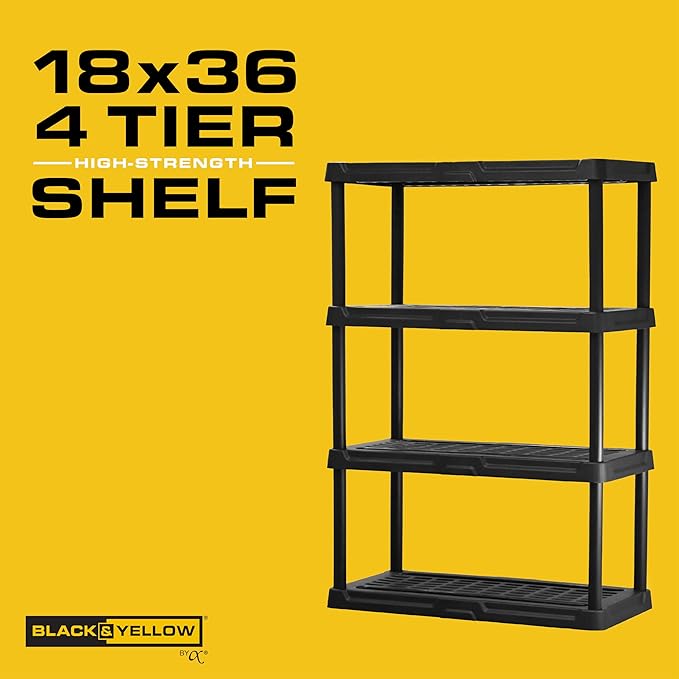 CX 4-Tier (53”H x 36”W x 18”D) Plastic Storage Shelving Unit (Black) 2 Pack, Heavy Duty, 150lbs Per Shelf Capacity, Indoor/Outdoor Storage Organization in Home, Garage, Office, Easy Assembly