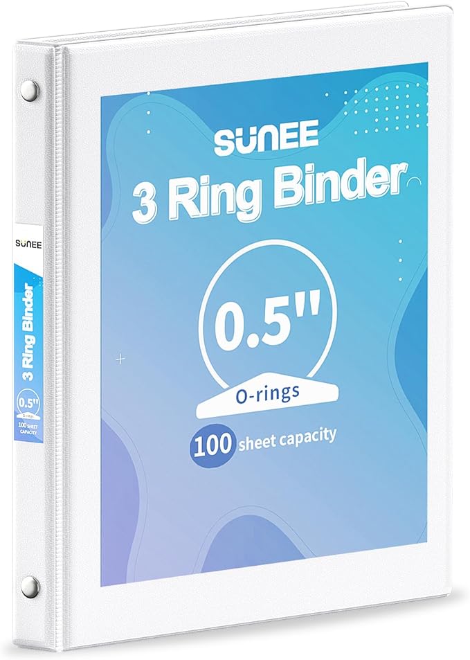 SUNEE 3 Ring Binder 1/2 Inch 1 Pack, Clear View Binder Three Ring PVC-Free (Fit 8.5x11 Inches) for School or Office Supplies, White