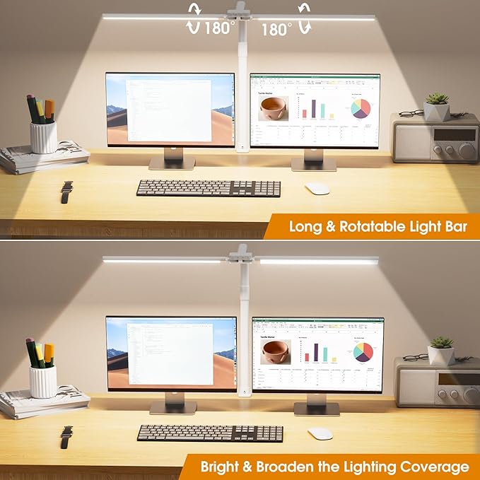 SIBRILLE LED Desk Lamp for Home Office - Eye-Caring Computer Desk Light with Clamp, Adjustable Work Lamp with Color Changing, Dimmable Double Head Monitor Light with Gooseneck, White