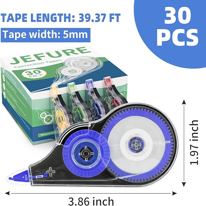 JEFURE 30 Pcs Colorful Correction Tape, 39.4 Ft White Wrong Out Tear-Resistant Bulk, Instant Corrections Easy To Use Applicator for School, Office, Note Taking, Journal (Tape Width 0.2 in, Clear)