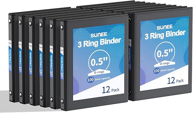 SUNEE 3 Ring Binders 1/2 Inch 12 Pack, Clear View Three Ring PVC-Free (Fit 8.5x11 Inches) for School or Office Supplies, Black