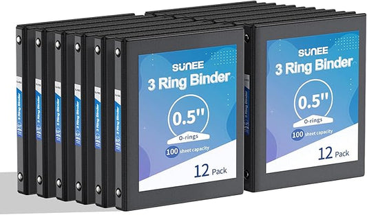 SUNEE 3 Ring Binders 1/2 Inch 12 Pack, Clear View Three Ring PVC-Free (Fit 8.5x11 Inches) for School or Office Supplies, Black