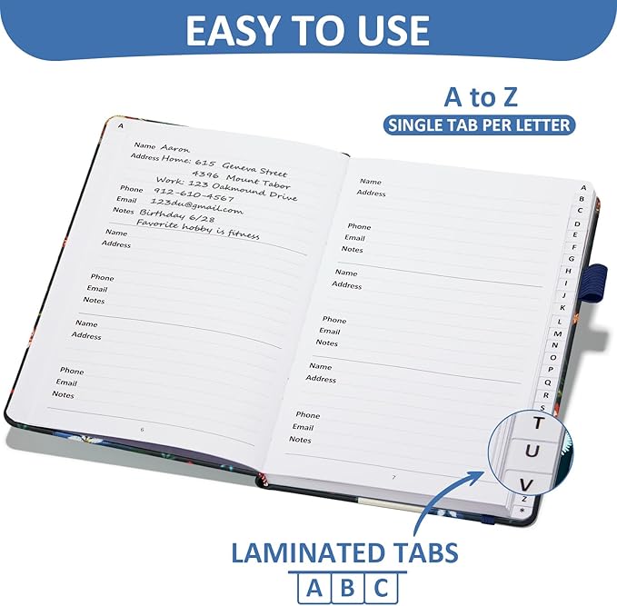 Comkiso Address Book with Individual Alphabetical Tabs Laminated, Large Print Address Book with 468 Wide Lining Entry Spaces, Change of Address Labels, Hardcover Address Book 5.7 x 8.5" - Bloom