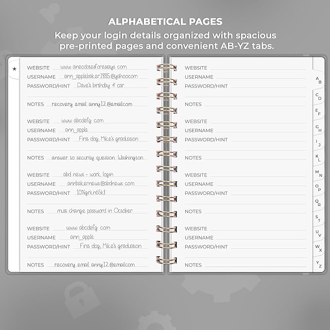 Clever Fox Password Book Spiral – Internet Address & Password Organizer with Laminated Alphabetical Tabs – Password Keeper Journal – Hardcover, Medium Size, 6.1x7.7” (Gray)