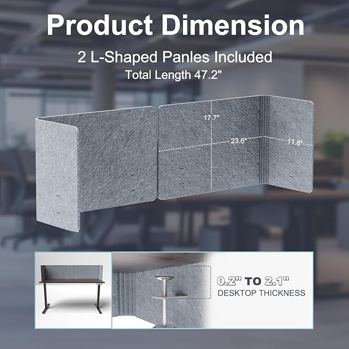 ERGO COLLECT Desk Privacy Panel,2PCS L-Shaped Clamp-On Office Desk Divider,2-in-1 Adjustable Acoustic Desktop Partition Or Under Desk Modesty Screen,for Office,Home,Felt(Grey, 47.2" x 17.7")