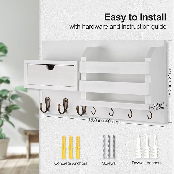 Lwenki Wall Mount Key Holder with Mail Organizer, 100% Paulownia Wood, 7 Metal Hooks, Storage Drawer, Entryway Home Decor (White)