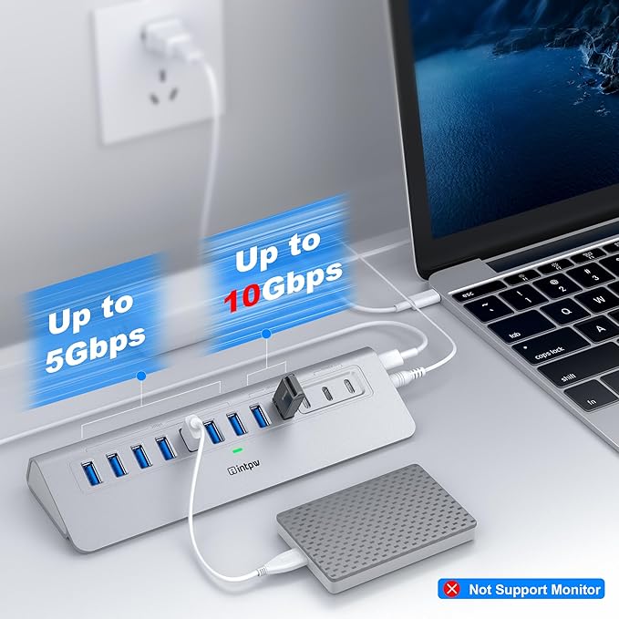 YH9AC Powered USB Hub 10Gbps, intpw 12 Port USB C Hub with 10Gbps USB C 3.2+2 USB A 3.2, 7 USB 3.0, 2 PD 45W Charging Port, 65W Power Adapter + 3.3FT Cable, Aluminum USB Hub for Laptop/iPhone 17/16/PC