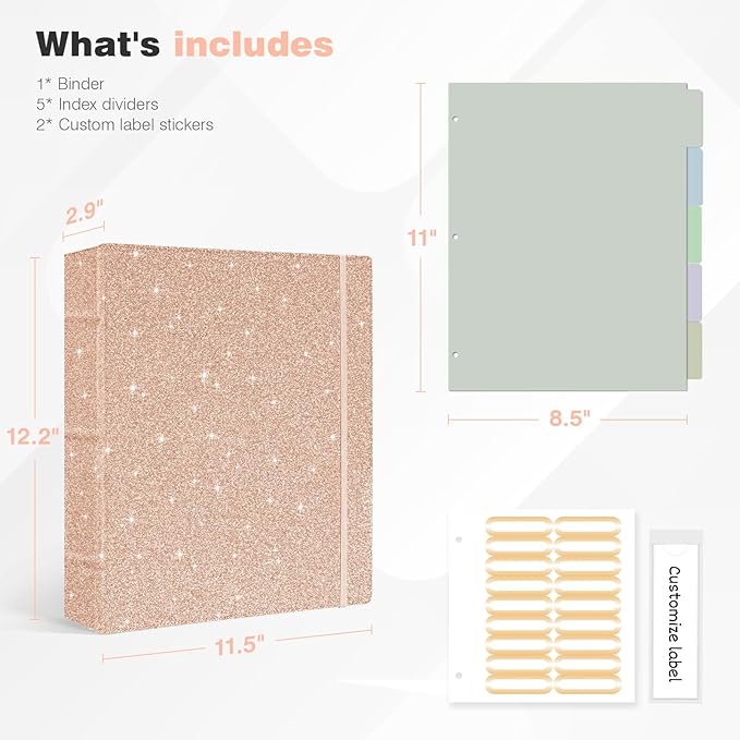 Ospelelf Vintage Hardcover 3 Ring 2 inch Leather Binder, Professional Binders Organizer Suitable for Letter Size Documents, Binder Dividers with Tabs, Faux Glitter Pink Leather