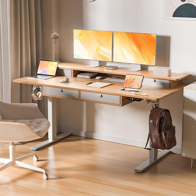 ExaDesk Electric Standing Desk, 63 * 30 Inches Adjustable Height with 4 Drawers, Double Storage Shelves, Home Office Workstation Sit Stand up Desk (Nature)