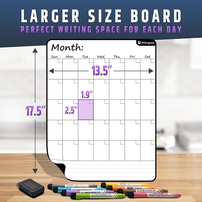 Large Dry-Erase Magnetic Monthly Calendar + Free Bonus: 3 Grocery/to-Do List Whiteboards (Organizer/Planner) for Kitchen Fridge - Full Set: 8 Markers + Eraser | Stain Free | Vertical
