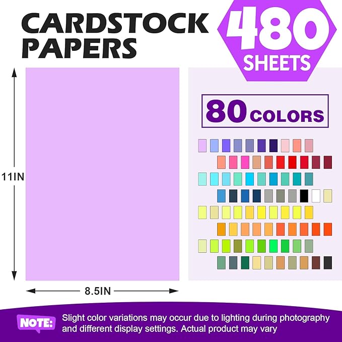 480 Sheets 8.5" X 11" Colored Cardstock, 80 Assorted Colors 180 GSM/65 LB Construction Paper Card Stock Printer Paper for Printing, Card Making, DIY Crafts, Kids School Supplies,Party Decorations