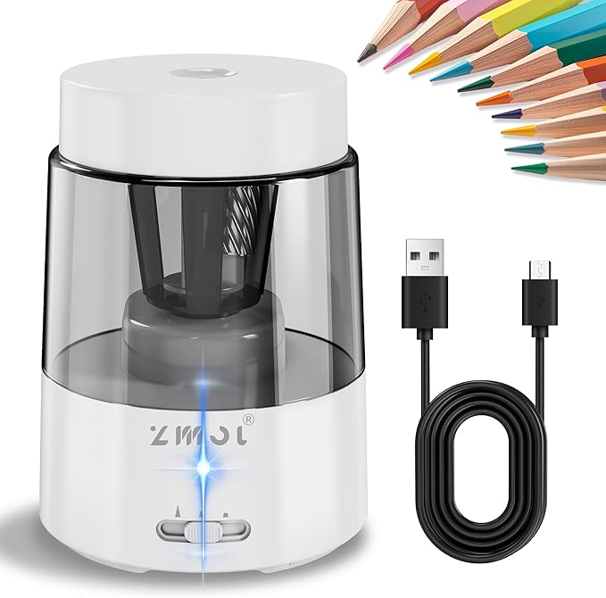 ZMOL Electric Rechargeable Pencil Sharpener, Automatic Pencil Sharpeners Kids, Battery Powered Pencil Sharpeners for Colored Pencils, Auto Stop, Suitable for No.2(6-8mm), Classroom/Home White