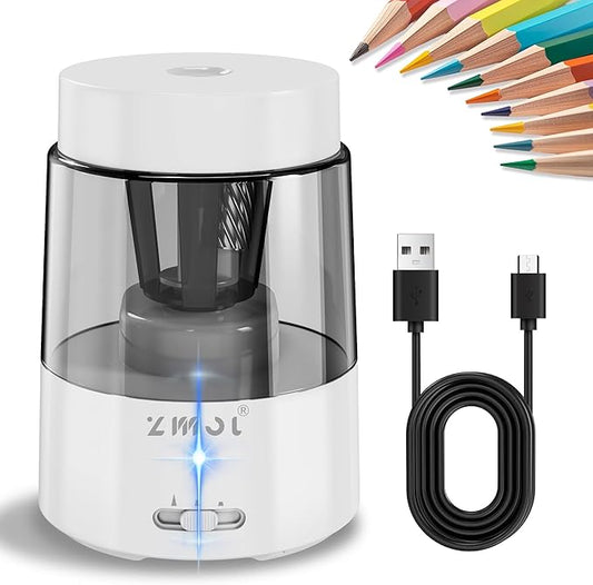 ZMOL Electric Rechargeable Pencil Sharpener, Automatic Pencil Sharpeners Kids, Battery Powered Pencil Sharpeners for Colored Pencils, Auto Stop, Suitable for No.2(6-8mm), Classroom/Home White