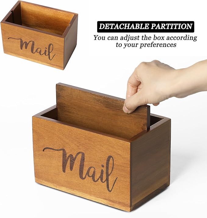 LBEMEY Mail Holder Storage Organizer Box,Acacia Wood Mail Organizer Countertop,Desktop Letters, Bills, Notes and Postcard Bin for Home Office Dorm Room