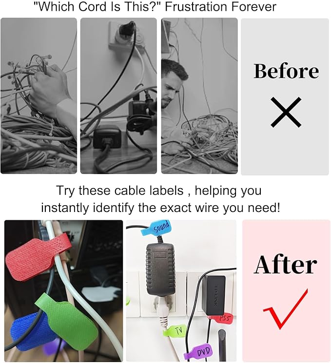 32-Pack Reusable Cable Labels - Large Plastic Tags for Cord Management & Identification,Multi-Color Wire Markers for Electronics,Charging Cords & Home Office Organization (8 Vibrant Colors)